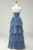 Dusty Blue A Line Ruffled Pleated Tiered Long Bridesmaid Dress
