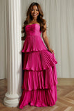 A-Line Strapless Blush Pink Pleated Tiered Bridesmaid Dress