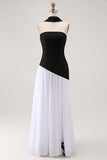Black White A Line Strapless Long Formal Dress With Halter Scarf