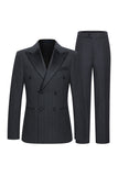 Dark Grey 2 Piece Peak Lapel Double Breasted Striped Men's Suits