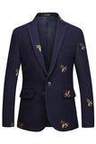 Navy Notched Lapel One Button Embroidered Men's Formal Blazer