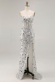 Sparkly Silver Strapless Corset Mermaid Long Prom Dress With Slit