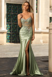 Sparkly Green Mermaid Corset Spaghetti Straps Ruched Long Formal Dress with Slit