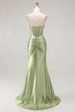 Sparkly Green Mermaid Corset Ruched Satin Long Formal Dress with Slit