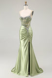 Sparkly Green Mermaid Corset Ruched Satin Long Formal Dress with Slit