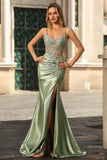 Sparkly Green Mermaid Corset Spaghetti Straps Ruched Long Formal Dress with Slit