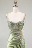 Sparkly Green Mermaid Corset Ruched Satin Long Formal Dress with Slit