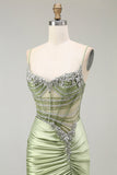 Sparkly Green Mermaid Corset Ruched Satin Long Formal Dress with Slit