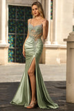 Sparkly Green Mermaid Corset Spaghetti Straps Ruched Long Formal Dress with Slit