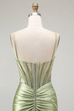 Sparkly Green Mermaid Corset Ruched Satin Long Formal Dress with Slit
