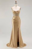 Red Mermaid Corset Spaghetti Straps Long Formal Dress with Slit