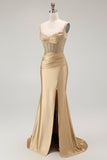 Sparkly Golden Mermaid Ruched Corset Long Formal Dress with Slit
