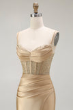 Sparkly Golden Mermaid Ruched Corset Long Formal Dress with Slit