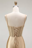 Sparkly Golden Mermaid Ruched Corset Long Formal Dress with Slit