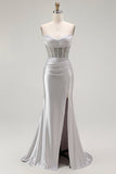Red Mermaid Corset Spaghetti Straps Long Formal Dress with Slit