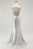 Sparkly Golden Mermaid Ruched Corset Long Formal Dress with Slit