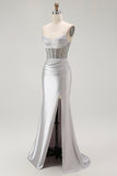 Red Mermaid Corset Spaghetti Straps Long Formal Dress with Slit