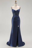 Red Mermaid Corset Spaghetti Straps Long Formal Dress with Slit