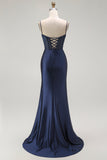 Red Mermaid Corset Spaghetti Straps Long Formal Dress with Slit