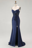 Sparkly Golden Mermaid Ruched Corset Long Formal Dress with Slit