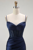 Red Mermaid Corset Spaghetti Straps Long Formal Dress with Slit