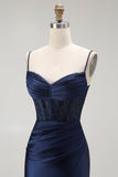 Red Mermaid Corset Spaghetti Straps Long Formal Dress with Slit