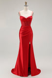 Red Mermaid Corset Spaghetti Straps Long Formal Dress with Slit