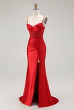 Sparkly Golden Mermaid Ruched Corset Long Formal Dress with Slit