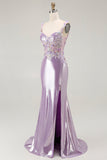Sparkly Lilac Mermaid Appliqued Beaded Long Formal Dress with Slit