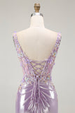 Sparkly Lilac Mermaid Appliqued Beaded Long Formal Dress with Slit