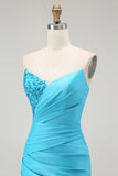 Sparkly Blue Strapless Mermaid Ruched Long Formal Dress with Slit