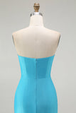 Sparkly Blue Strapless Mermaid Ruched Long Formal Dress with Slit