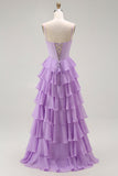 Purple A-Line Beaded Corset Tiered Ruffle Long Prom Dress with Lace Up Back