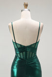 Dark Green Mermaid Metallic Corset Long Formal Dress with Slit