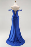 Royal Blue Mermaid Off The Shoulder Corset Long Prom Dress with Beading