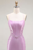 Sparkly Purple Mermaid Spaghetti Straps Corset Long Formal Dress with Slit