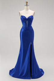 Sparkly Royal Blue Mermaid Sweetheart Beaded Corset Long Formal Dress with Slit