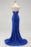 Royal Blue Mermaid Beaded Strapless Corset Long Prom Dress with Slit