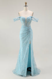 Sparkly Blue Mermaid Corset Off The Shoulder Beaded Long Formal Dress with Slit