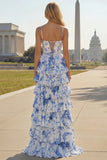 White Blue Floral Corset A Line Tiered Long Formal Dress with Slit