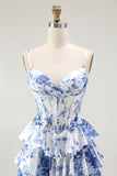 White Blue Floral Corset A Line Tiered Prom Dress