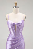 Sparkly Purple Mermaid Corset Beaded Long Formal Dress with Slit