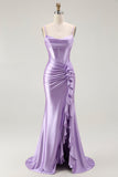 Purple Mermaid Corset Ruched Long Prom Dress with Ruffled Slit