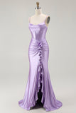 Sparkly Purple Mermaid Corset Ruched Long Formal Dress with Ruffled Slit