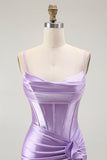 Sparkly Purple Mermaid Corset Ruched Long Formal Dress with Ruffled Slit