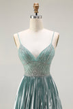 Metallic Grey Green A Line Pleated Beaded Long Prom Dress with Slit