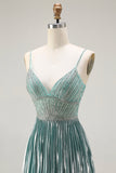 Metallic Grey Green A Line Pleated Beaded Long Prom Dress with Slit