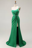 Dark Green One Shoulder Mermaid Beaded Long Prom Dress With Slit