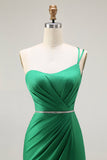Dark Green One Shoulder Mermaid Beaded Long Prom Dress With Slit