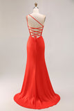One Shoulder Orange Mermaid Beaded Long Prom Dress With Slit